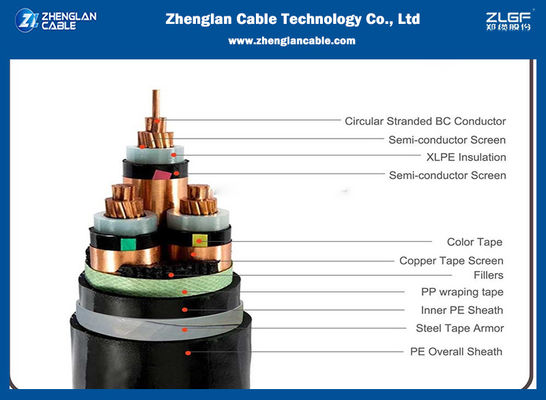 Cáp điện 6 đến 35kv MV Dây dẫn đồng Cáp điện bọc thép cách điện XLPE ba lõi